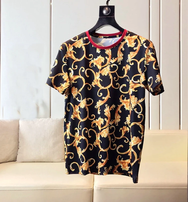 Мужская футболка в стиле хип-хоп с золотым цветочным принтом хлопковая высокого