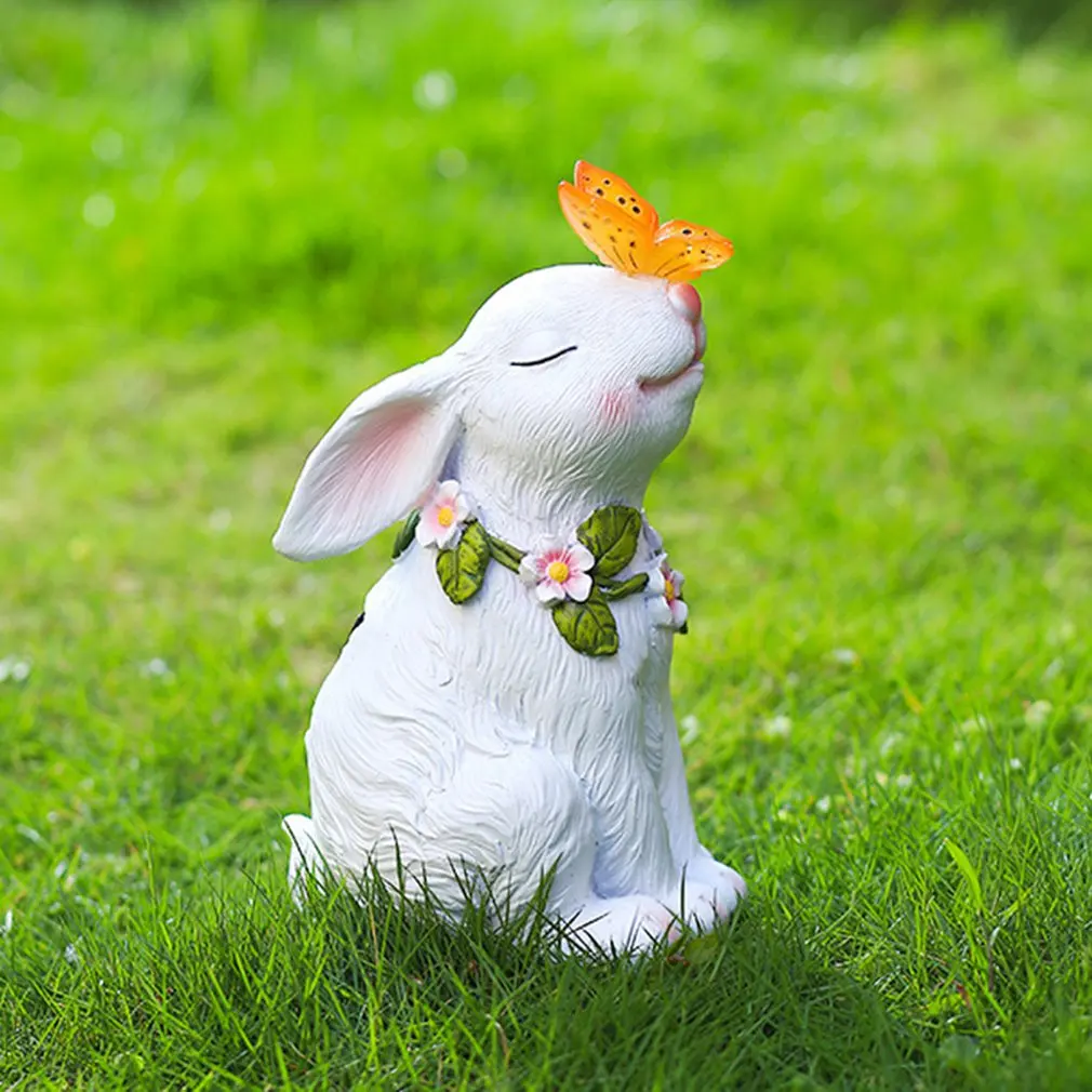 

Мультяшный полимерный кролик, скульптура на солнечной батарее, украшения с лампой на солнечной батарее для внутреннего дворика, дорожек, дв...