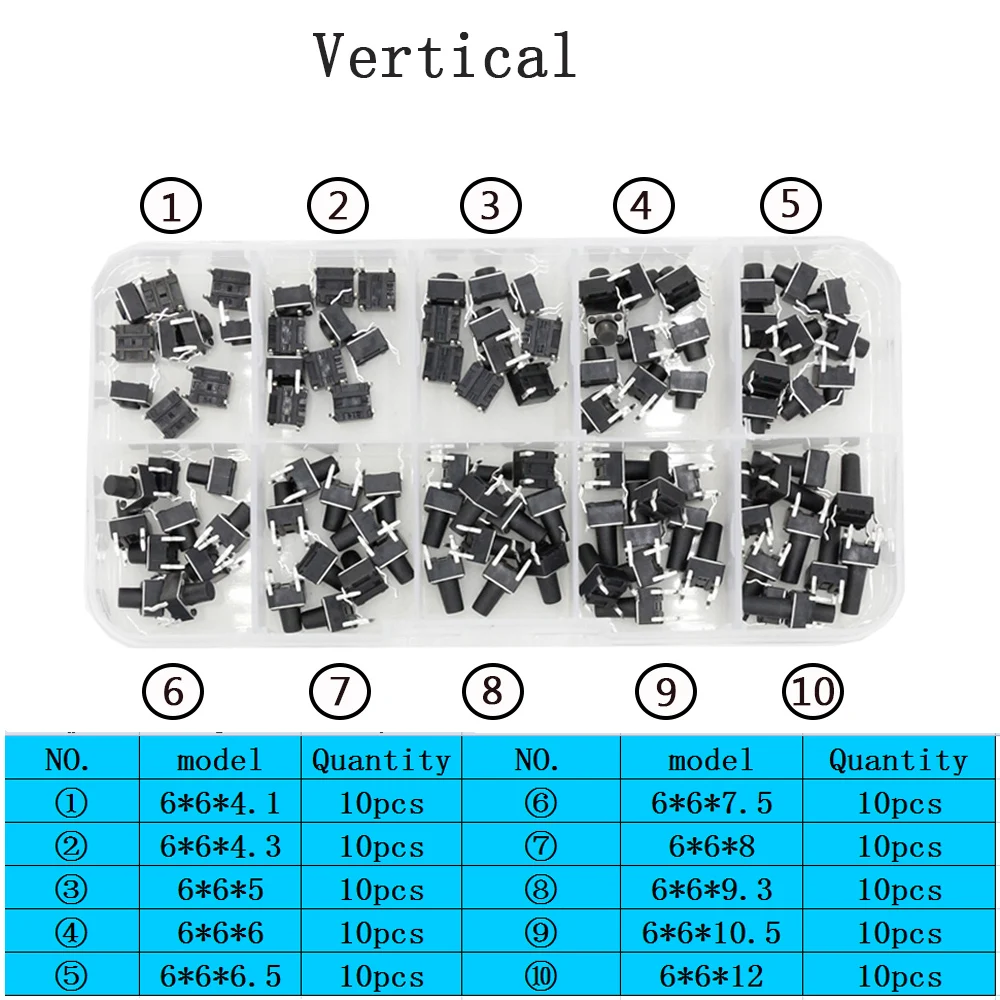 Тактовый выключатель 100 шт. вертикальный/патч 6*6*4 1/4 3/5/6/6.5/7.5/8/9.3/10.5/12 мм