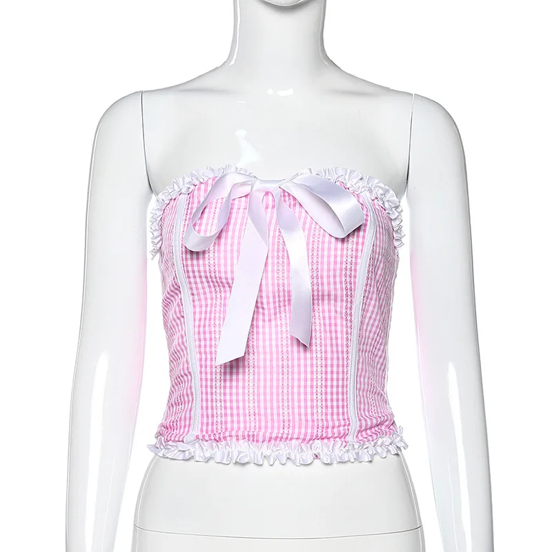 Винтажная Сексуальная футболка Женский клетчатый Топ Milkmaid с бантом милый топ