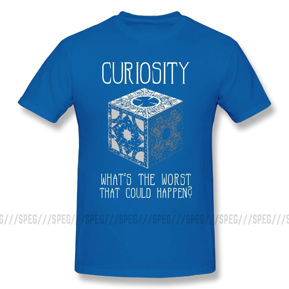 Мужские футболки из хлопка с коротким рукавом и рисунком из мультфильма "curiousity Killed Hellraiser", большая скидка, мужские футболки с круглым вырезом - Цвет: Синий