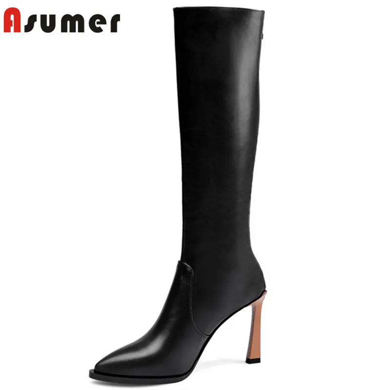 Женские сапоги до колена ASUMER из натуральной кожи на высоком каблуке|Сапоги