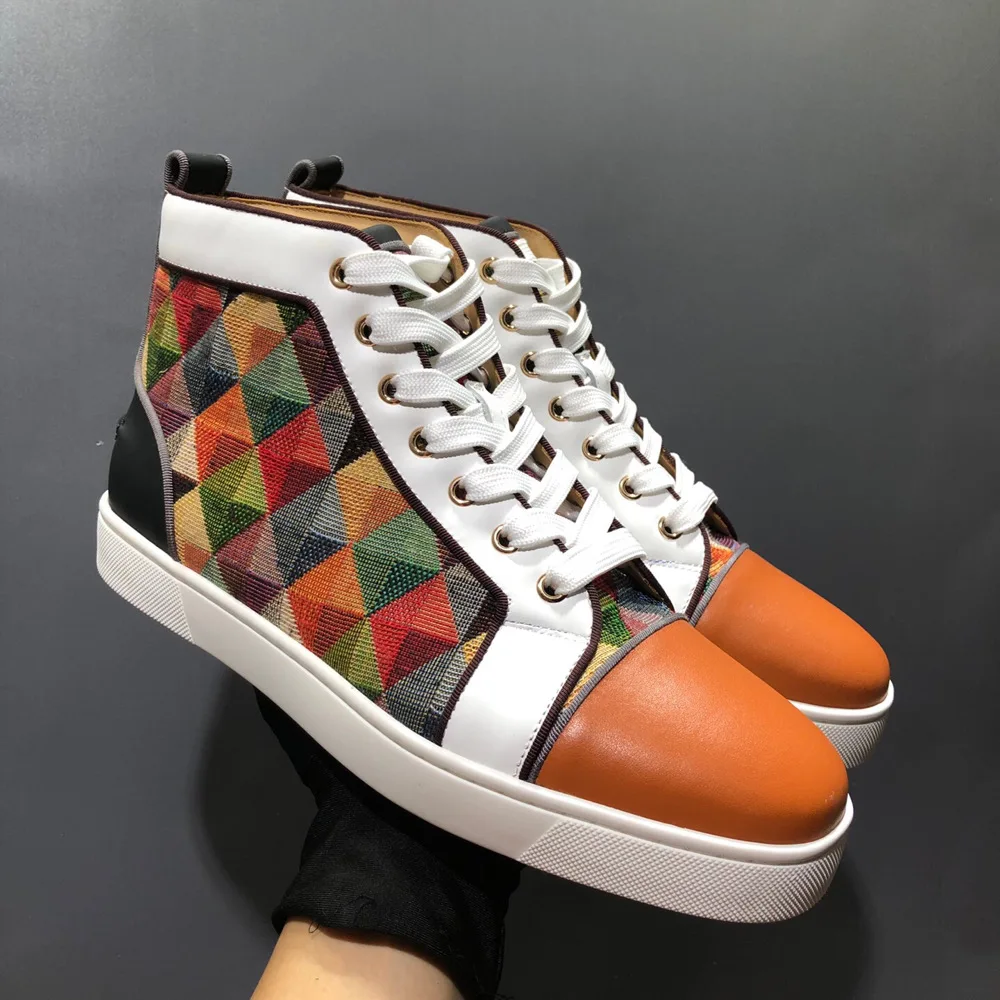 

21 Fashion Spring And Summer High Top Lace Up Denim Color Matching Leather Men's Casual Shoes Red Bottom Shoes European Women's