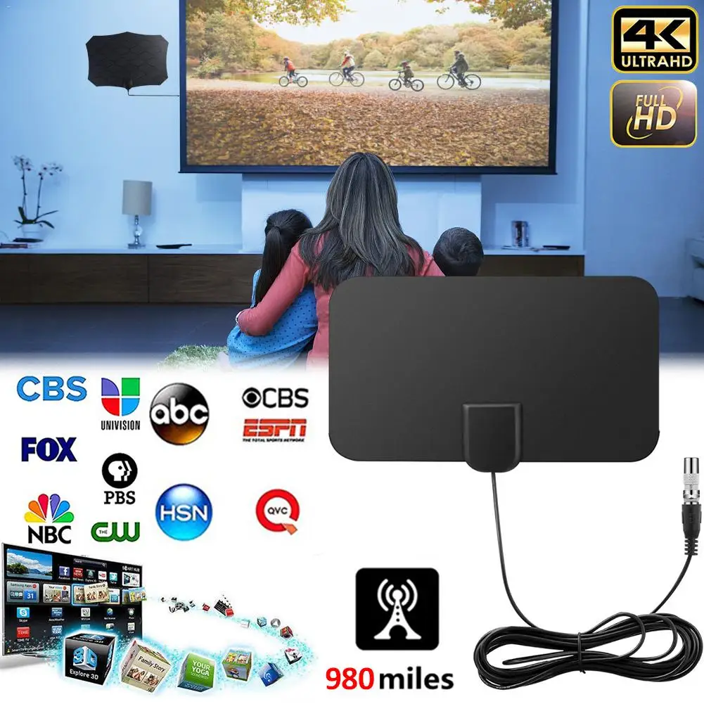Антенна радиус действия 980 миль 4K цифровая HD ТВ комнатная антенна с усилителем