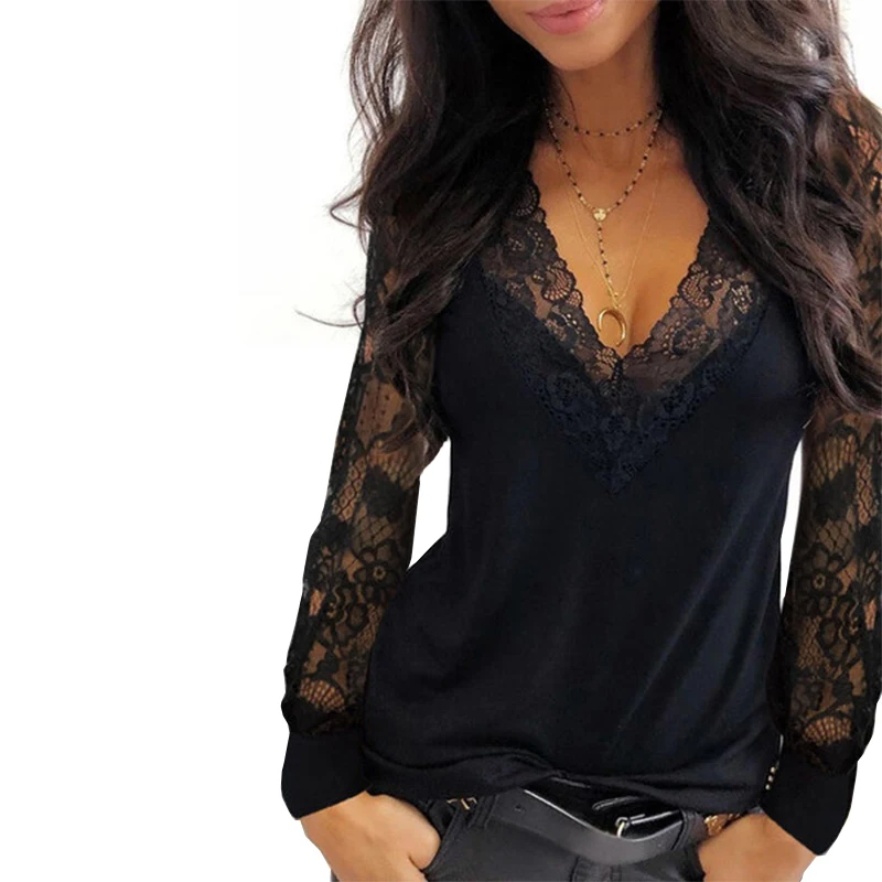 

Sexy V Neck Lace Long Sleeve Shirt Blouse for Women Summer Lace Floal Patchwork Ladies Tops Summer See Through Pullover Shirt