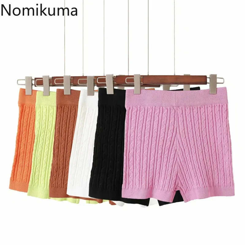 

Трикотажные женские шорты Nomikuma, повседневные Однотонные эластичные шорты с высокой талией, модель сезона осень-зима 2020 года, модный свитер, ...