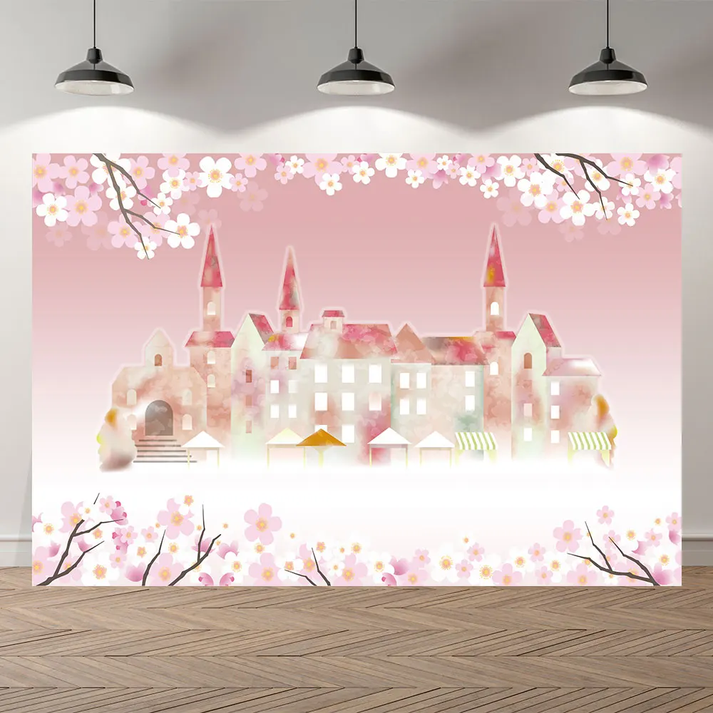 

Весенний фон для фотосъемки с изображением замка принцессы дня рождения ребенка Девочки Цветы вечеривечерние карета дворец лес Вишневый Р...