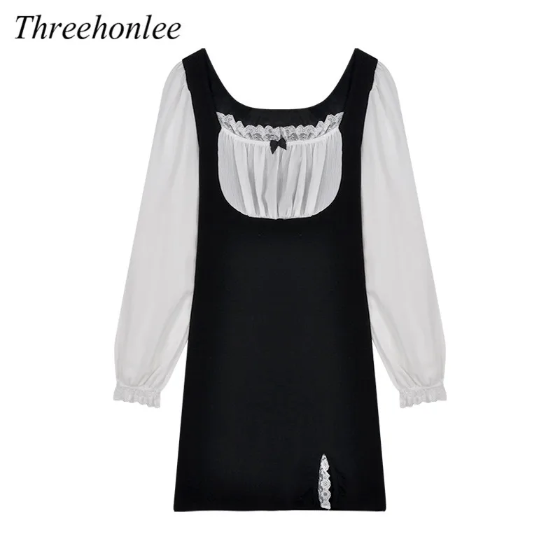 

Повседневное женское платье в Корейском стиле, осень 2021, ретро, готическое, кружевное, с квадратным вырезом и длинным рукавом, сексуальные ж...