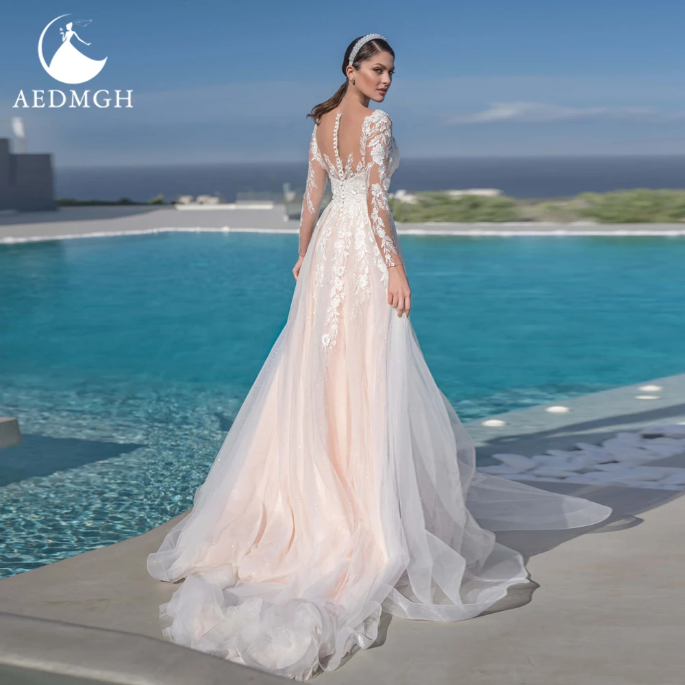 

Aedmgh A-Line Beach Wedding Dresses 2022 Sweetheart Long Sleeve Bride Dress Gorgeous Appliques Romantic Classic Vestido De Novia