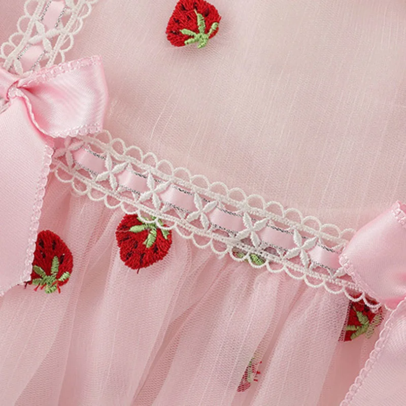 

Spring Girls Strawberry Pattern Breathable Lace Edge Mesh Princess Dress Children Lapel Puff Sleeve Bowknot Boutique Long Dress