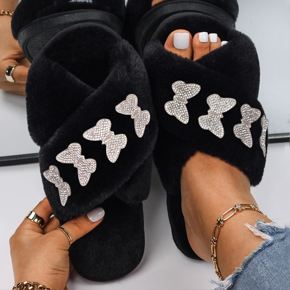 Women House Slippers Rhinestone Butterfly Decor Fluffy Flip Flops Slippers Flat Open Toe Furry Slides Female Winter Warm Shoes