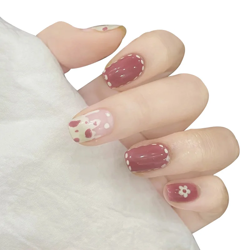 24pcs False Nails with Glue French Bowknot Long Fake Nails Press on Nails Candy Color Flower Heart Nail Art Tools