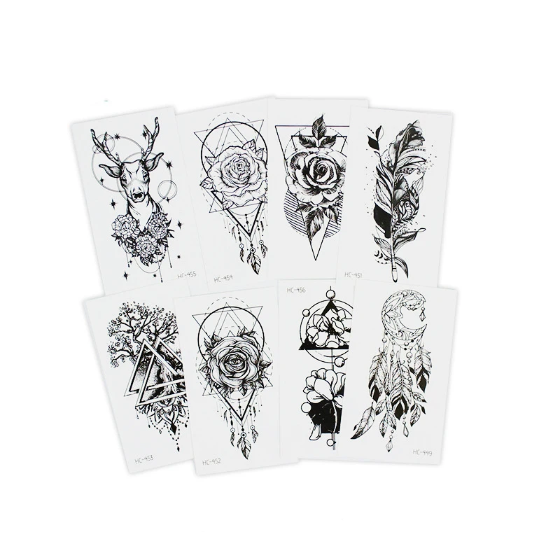 Водостойкие временные татуировки с черными линиями цветы перо животные тотем