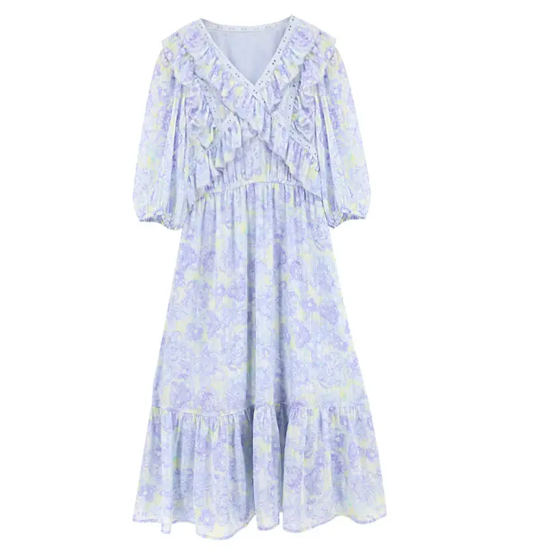 

Design Elegant Vintage Floral Dress Women V-neck Sweet Beach Dress Female One Piece Dress Korean Office Lady 2021 Summer Chic