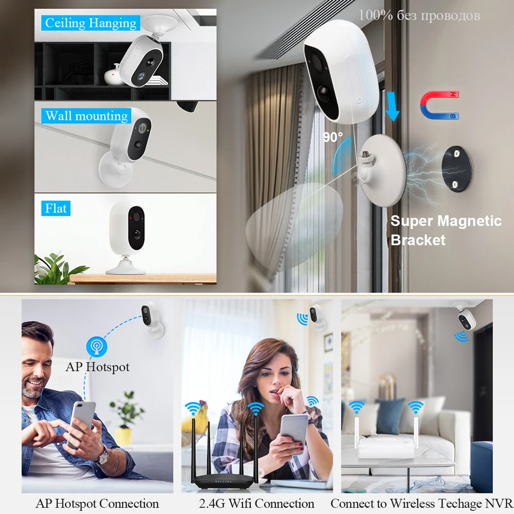 IP камера Techage HD 3 Мп с питанием от аккумулятора Wi Fi двустороннее аудио