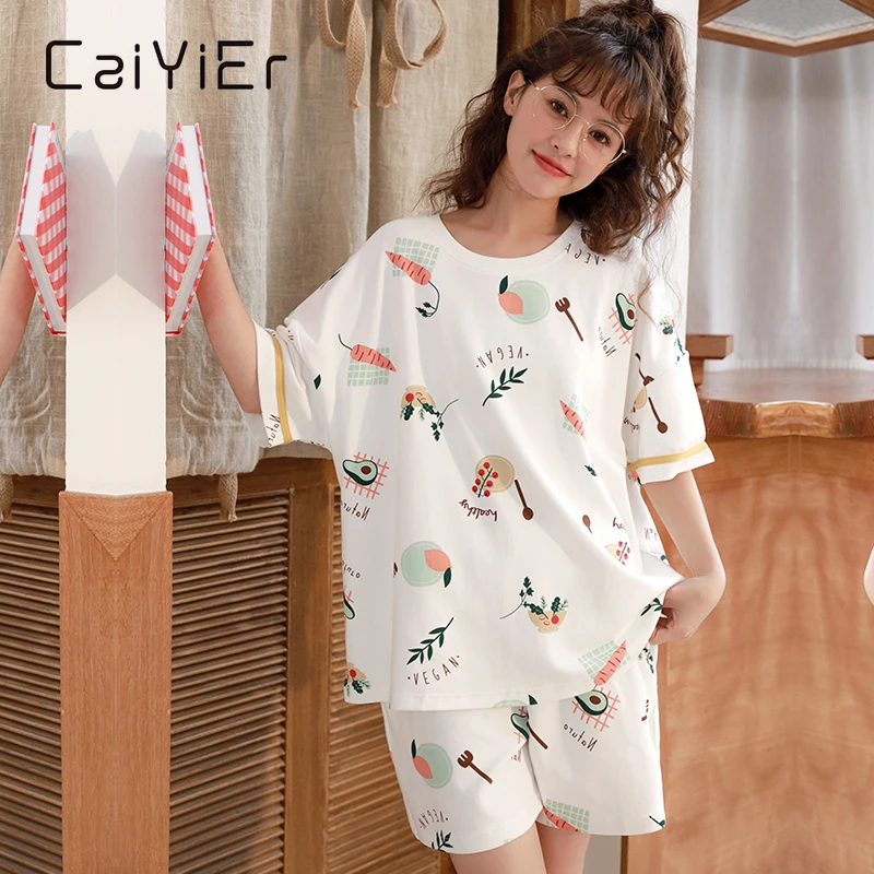 CAIYIER New Summer Short Sleeve Women Pajama Set Cute Cat Print Cartoon Home Clothes 2Pcs Sleepwear Female Shorts Loose Nighties