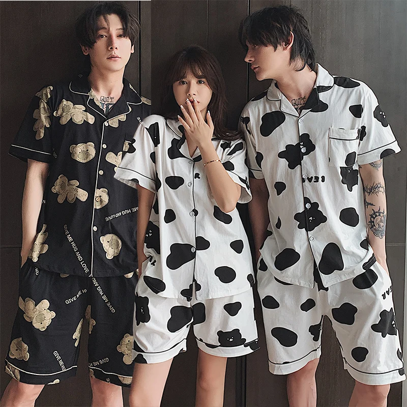 

2021 Summer Couples Short Sleeve 100% Cotton Print Pajama Sets for Men Korean Sleepwear Suit Pyjamas Women Homewear Home Clothes