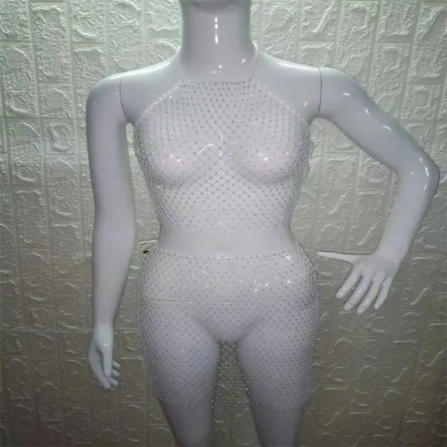 as PARAKINI Sparkly Crystal Diamonds Bikini Beach Women Dress Beach Cover Up Dresses Fishnet Cropped Top Two Pieces Set Beach Dress - Color: as