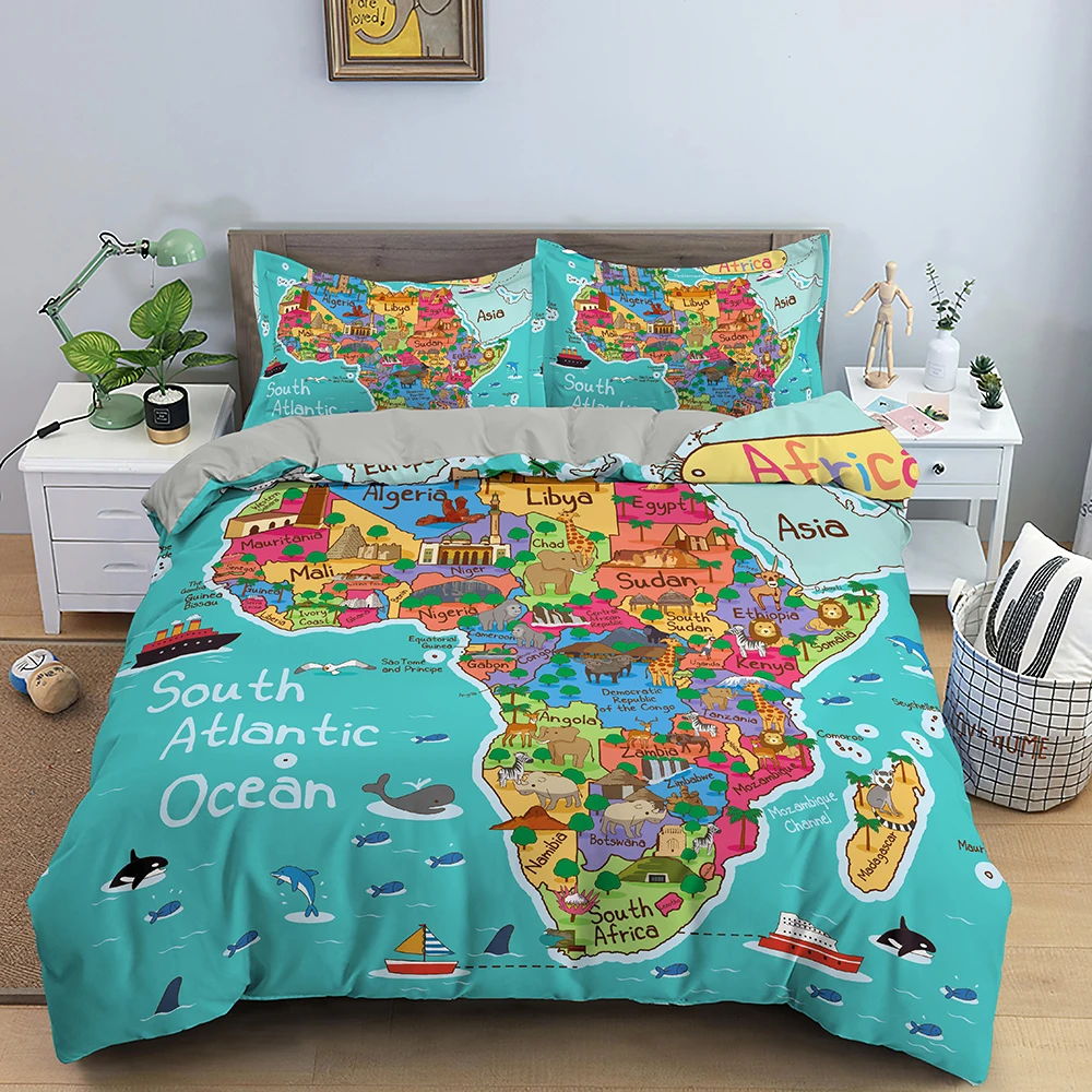 

World Map Bedding Duvet Cover Set for Kids Vivid Printed Childrens Bedding Quilted Duvet Cover Twin Queen King Size