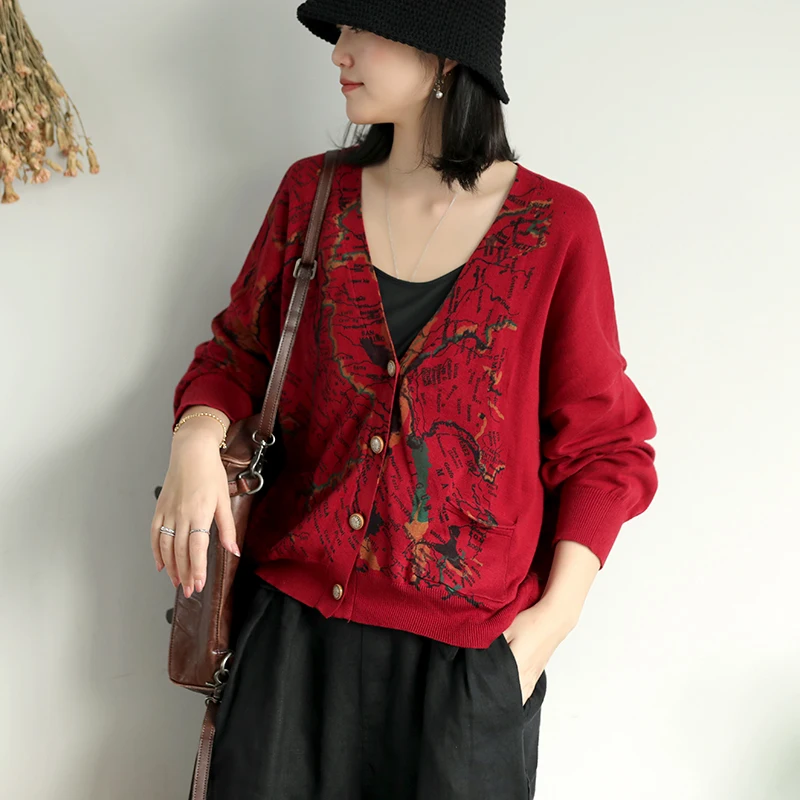 Women Sweater Autumn Winter Knitting Fashion jackets 2019 New Female Tops Cardigan Long-sleeved Loose Print Coat |