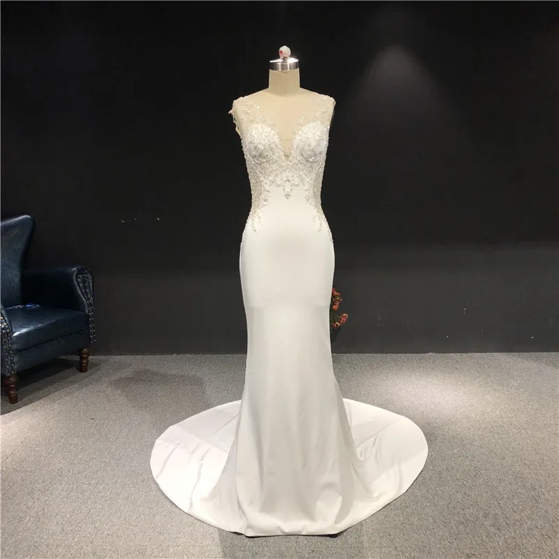 

2021 Newest High Quality Real Sample Ivory Satin V-neck Sleeveless Mermaid Heavy Beadings Floor Length With Train Wedding Dress