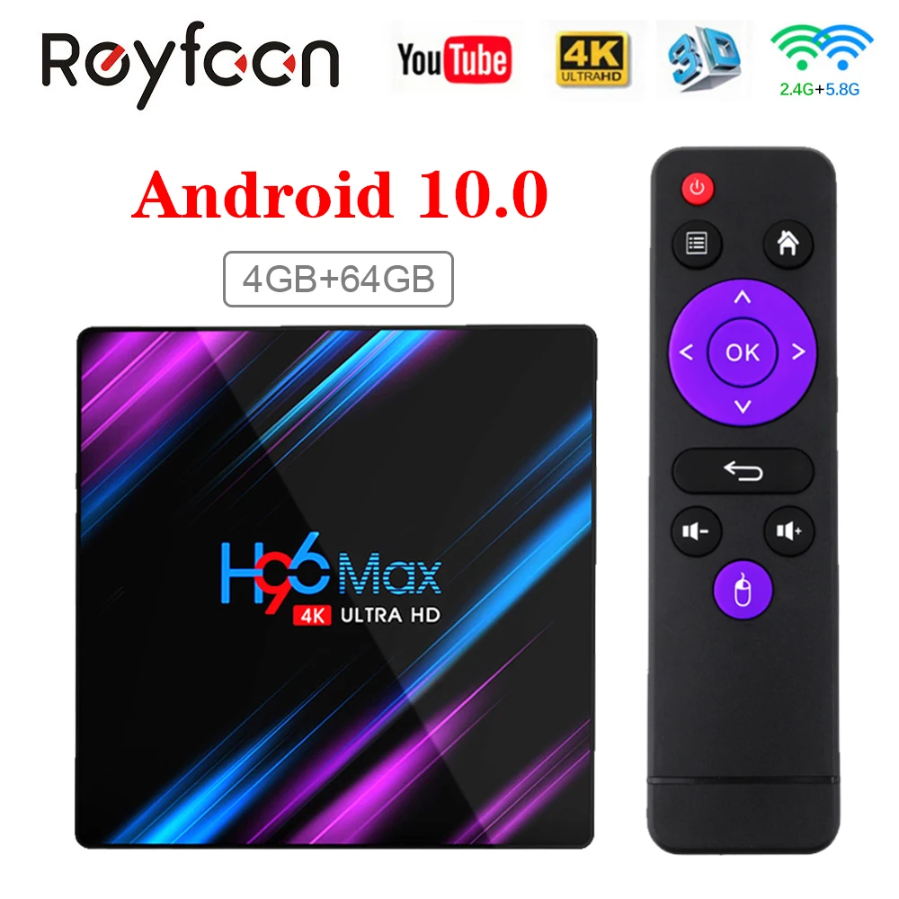 Приставка Смарт ТВ H96 Max Android 10 4 + 64 ГБ USB 1080 9 0 P 60 кадров/с|ТВ-приставки и