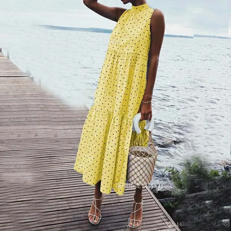 Женское пляжное платье с оборками свободное макси в горошек без рукавов богемном
