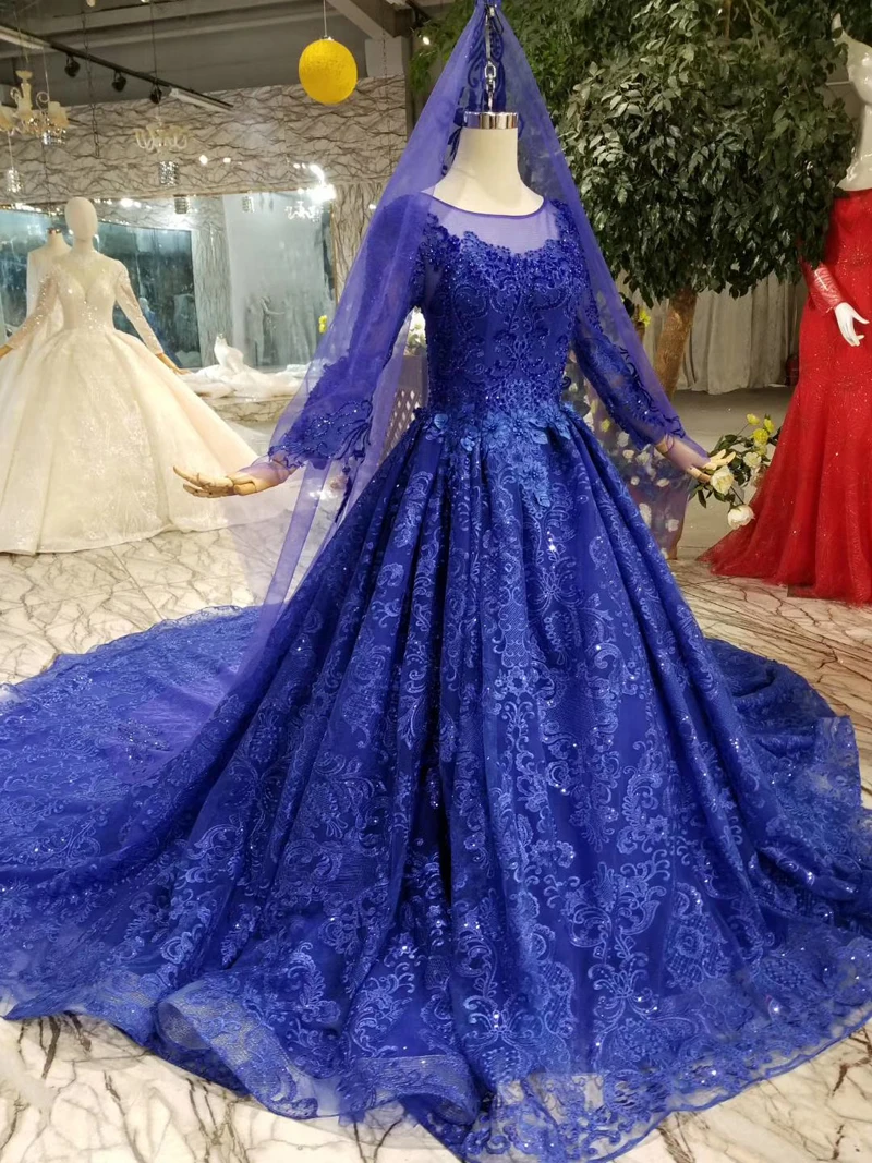 BGW 22718ht Blue Mother Of The Bride Dresses With Train O Neck Long Sleeve Muslim Ladies Party Gown Long 2020 New Fashion Design