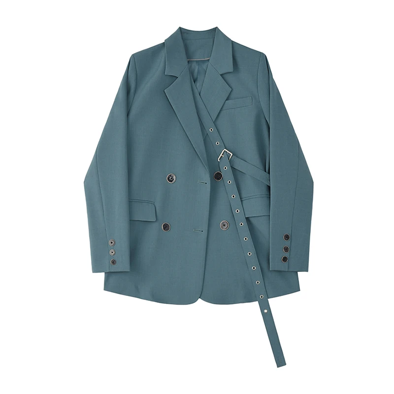 

Женский блейзер с длинным рукавом, голубой Блейзер большого размера на пуговицах и ленте, свободного покроя, с лацканами, весна-осень 2021 1Z705