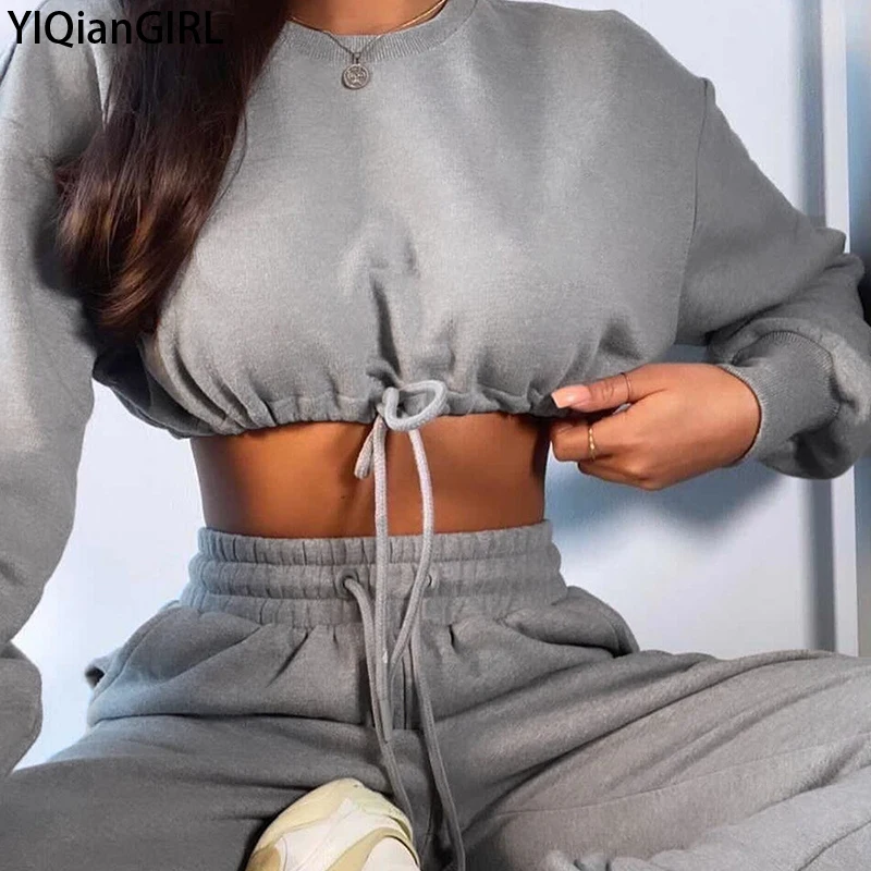 

New Winter Thick Women's Casual Fashion Sexy Sportswear Cut Long-Sleeved Short top Trousers Sports Two-Piece Suit