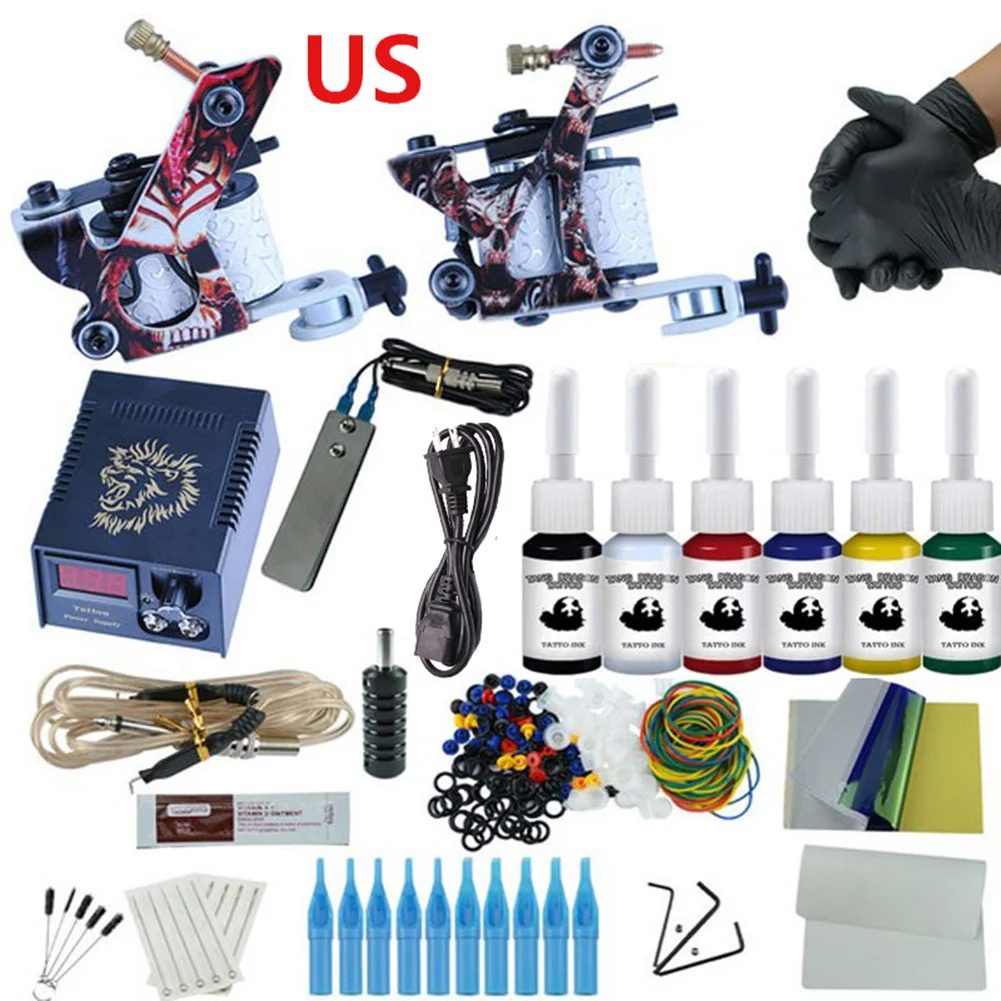 

Professional tattoo kit 10 wrap 7-12v liner and shader machine complete set with 7 ink 10 needle tattoo tools power supply