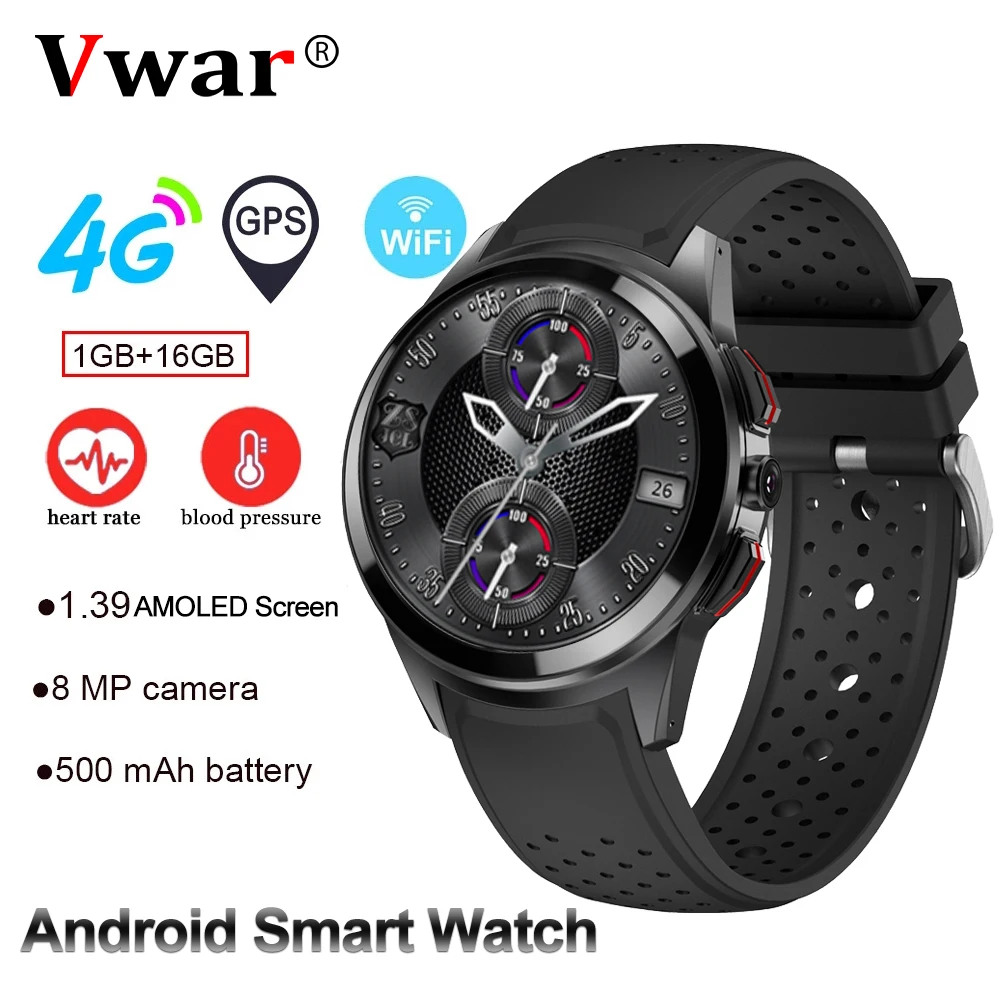 Review Vwar Android 9.0 4G Smart Watch AMOLED Screen 1GB+16GB 8MP Camera SIM Card Phone Call WiFi GPS Men Smartwatch for Android IOS