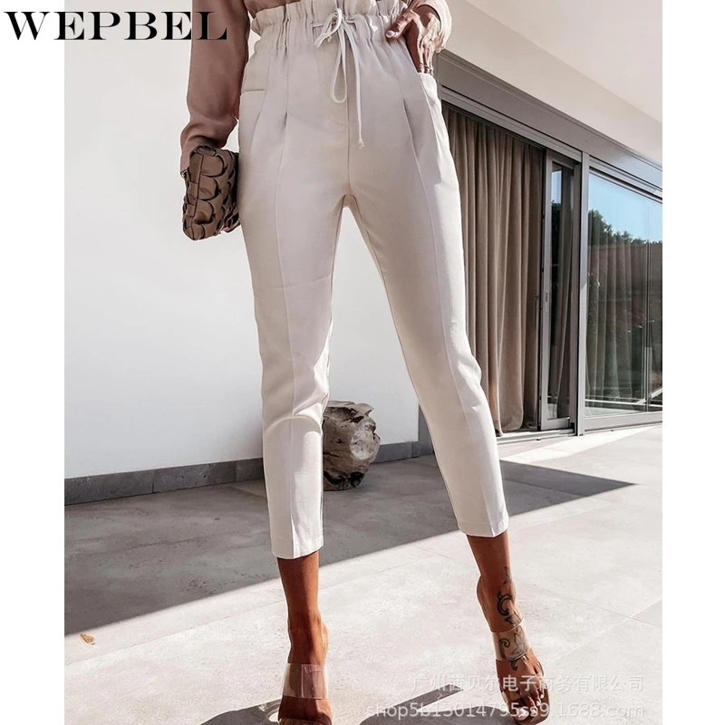 

WEPBEL High Waist Long Pants Women's Slim Pleated Pockets Stitching Pants Autumn Lace-Up Solid Color Pencil Calf-Length Pants