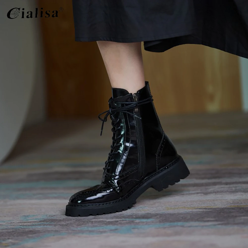 

CIALISA Chelsea Boots New Design Lace Up Low Heel Genuine Leather Ankle Boot Women 2020 Fashion Round Toe Chunky Heels Shoes