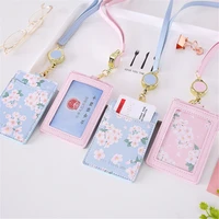 cherry flowers pu card holder retractable lanyard 2 bits card bag women identity badge reel rope card case id holders