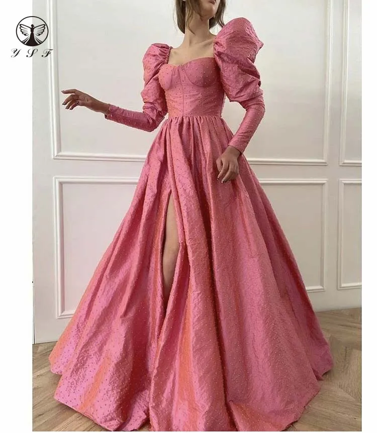 

Elegant Hot Pink Square Beaded Pearls Puffy Long Sleeve Pleated Thigh High Slit Floor Length Prom Dresses