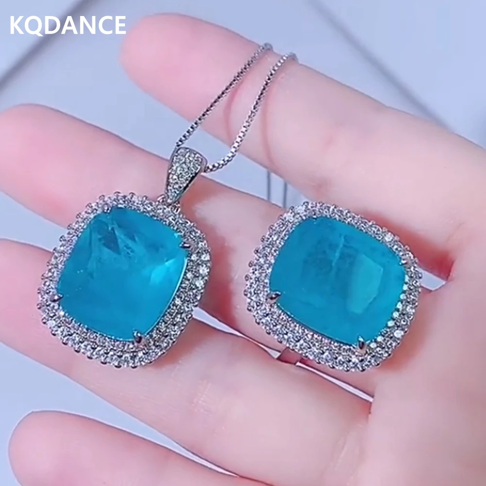 

Emerald cut Lab Paraiba Tourmaline Pariba Blue stone Gemstones ring pendant Necklace Silver Gold plated Wedding Jewelry Set