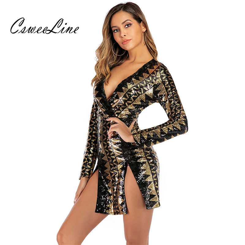 

Geometric Sequin Dresses Women Slit Sexy Bodycon Mini Dress Night Club Outfit Long Sleeve Deep V Neck Pattern Chic Party Dresses