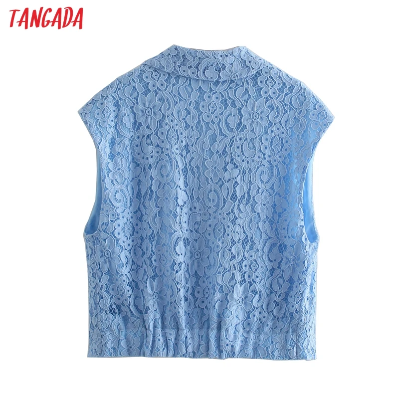 

Tangada Women Vintage Blue Lace Waistcoat Vest Short Style Pocket Notched Collar Sleeveless Female Tops QD27
