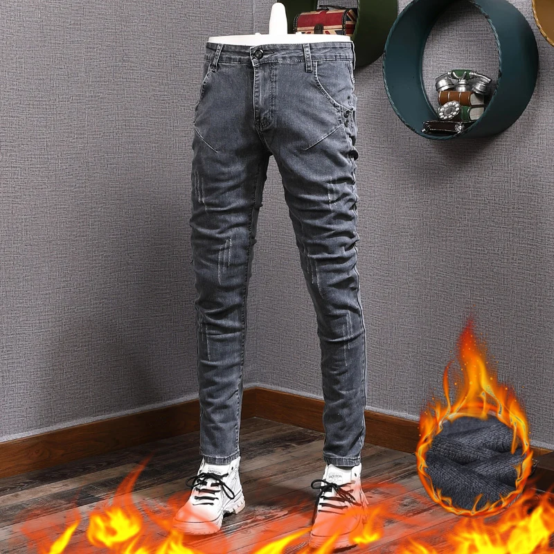 

Winter Fashion Men Jeans Retro Gray Elastic Slim Ripped Jeans Men Korean Vintage Designer Velvet Warm Casual Denim Pencil Pants