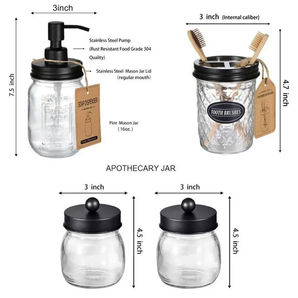 

Mason Jar Soap Dispenser Holder bathroom accessories set 4 pieces soap dispenser, toothbrush holder, cotton swab jar