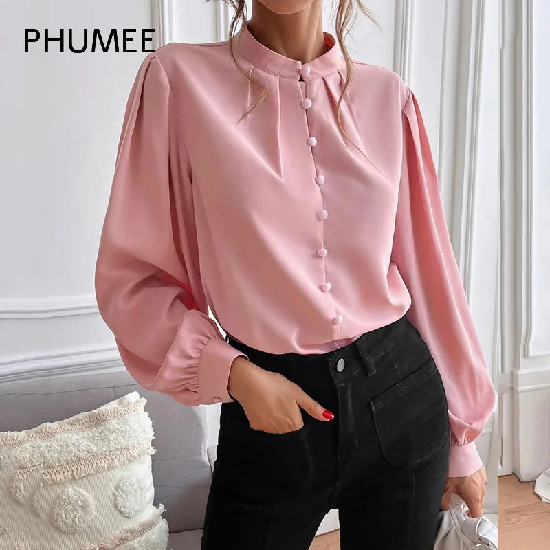 

Pink Bishop Sleeve Button Up Blouse Office Lady Spring Fall Clothes Casual Solid Long Sleeve Loose Shirt Tops Elegant Women