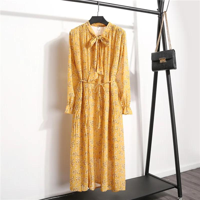 

Women Chiffon Dress Spring Autumn Fashion Female Casual Long Sleeve Lace Up Floral Print Pleated Dress Loose Vintage Vestidos