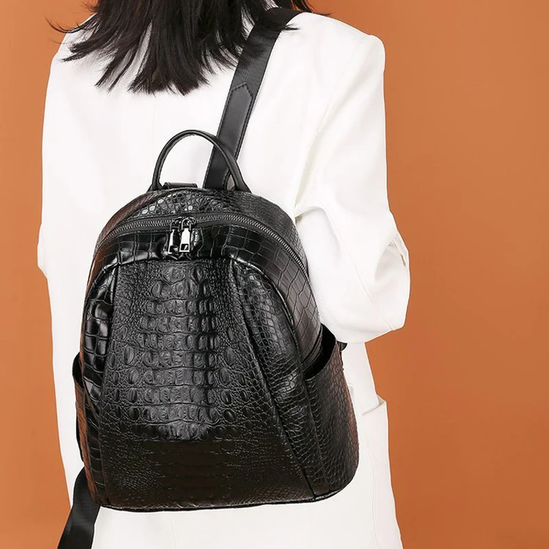 famous brand luxury backpack 2021 new ladies high quality crocodile pattern black bag high quality leather youth woman backpack free global shipping