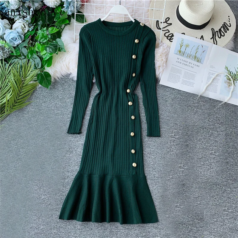 Sanishroly осенне зимнее женское платье свитер с длинными рукавами вязаные платья