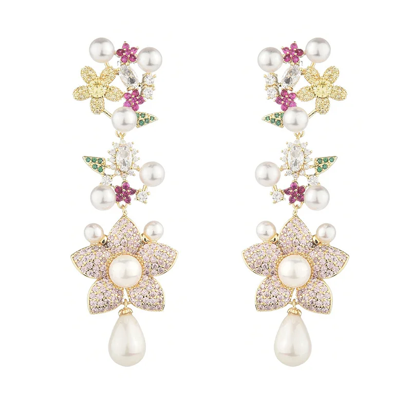 

Colorful Flower Pearls Earrings Women Fashion Exaggerated Earrings Brand Designer Luxury Wedding Stud Earring