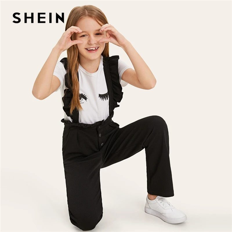 SHEIN Kiddie/черные однотонные брюки на пуговицах, возможность носить с брюками с рюшами на бретелях, детские штаны г., Осенние прямые длинные штаны для подростков