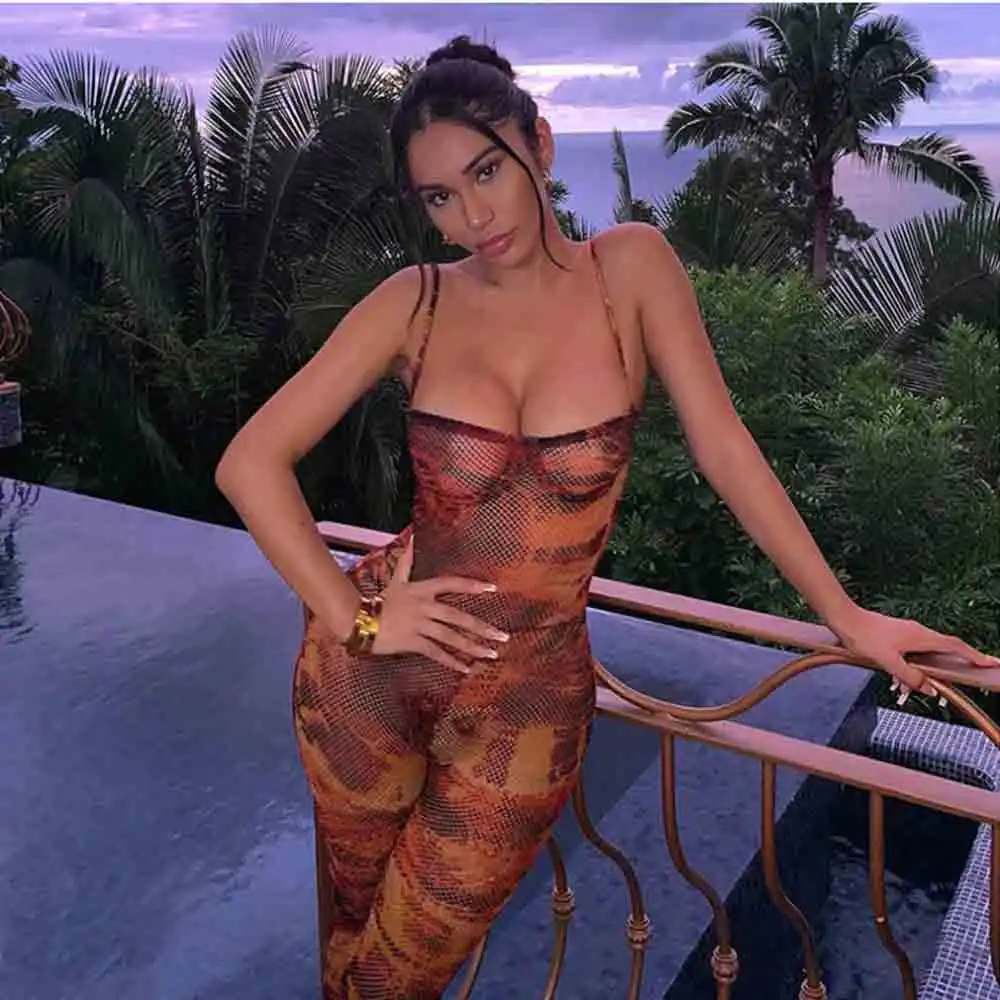 

Mesh Print Strap Bodycon Womens Jumpsuits 2020 Fashion New Sleeveless Backless Skinny Party Clubwear Hot Sexy Rompers
