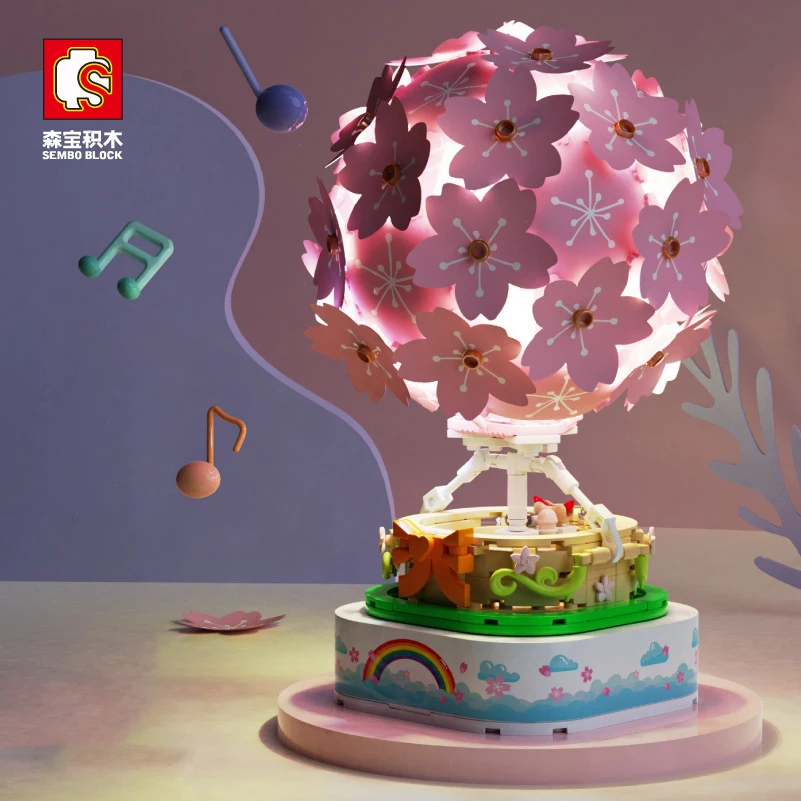 

New Sakura Hot Air Balloon Building Blocks Cherry Blossoms Music Box House Brick 718PCS