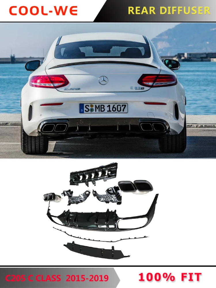 2 двери W205 C205 Coupe C63 Для AMG стиль задний диффузор бампер для губ с выхлопной Mercedes Benz C